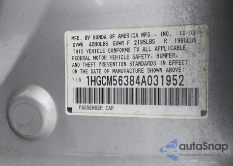 2004 Honda Accord 2.4 Lx из США, поврежденный, VIN 1HGCM56384A031952